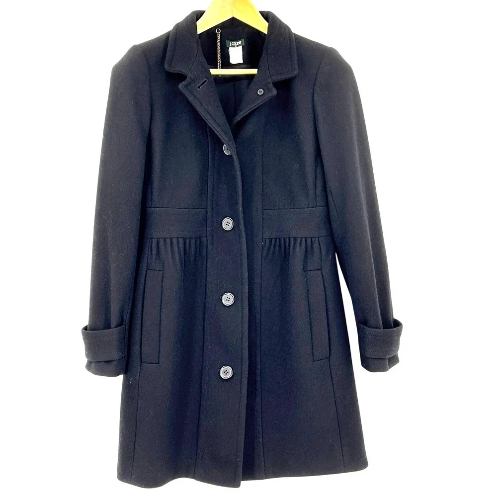 J.Crew Black Wool Coat Women's Lady Day Midi Fit & Flare Pleated A-Line Size 8 - Picture 2 of 9